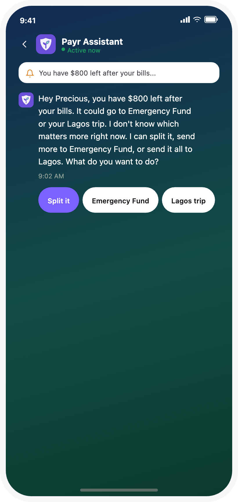 Payr assistant chat offering to split $800 between Emergency Fund and a Lagos trip