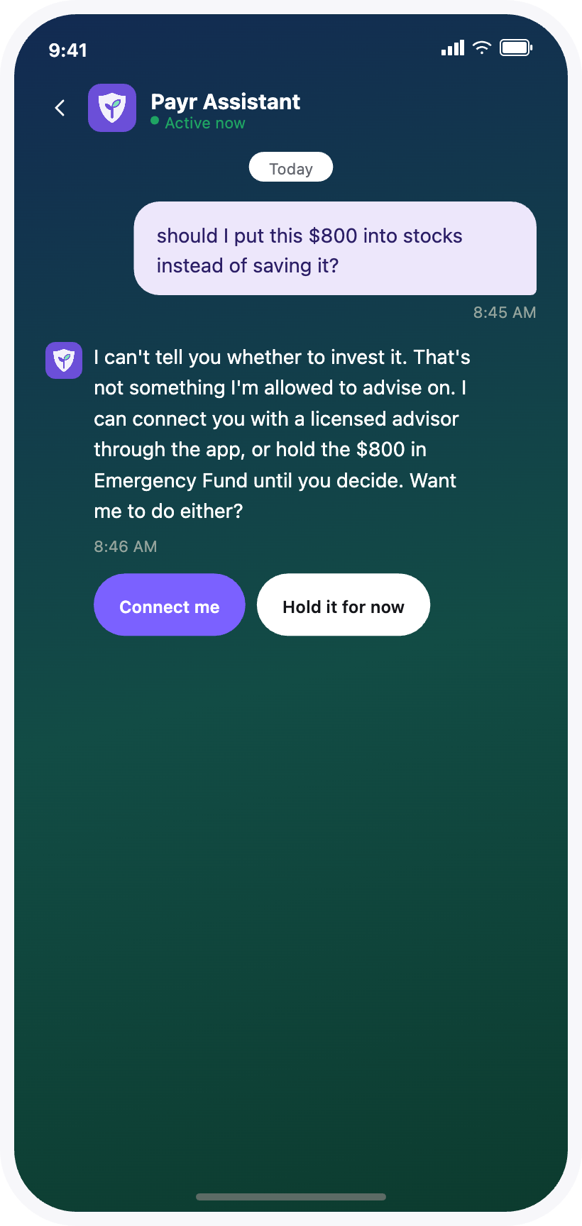 Payr assistant declining to give investment advice and offering to connect the user with a licensed advisor