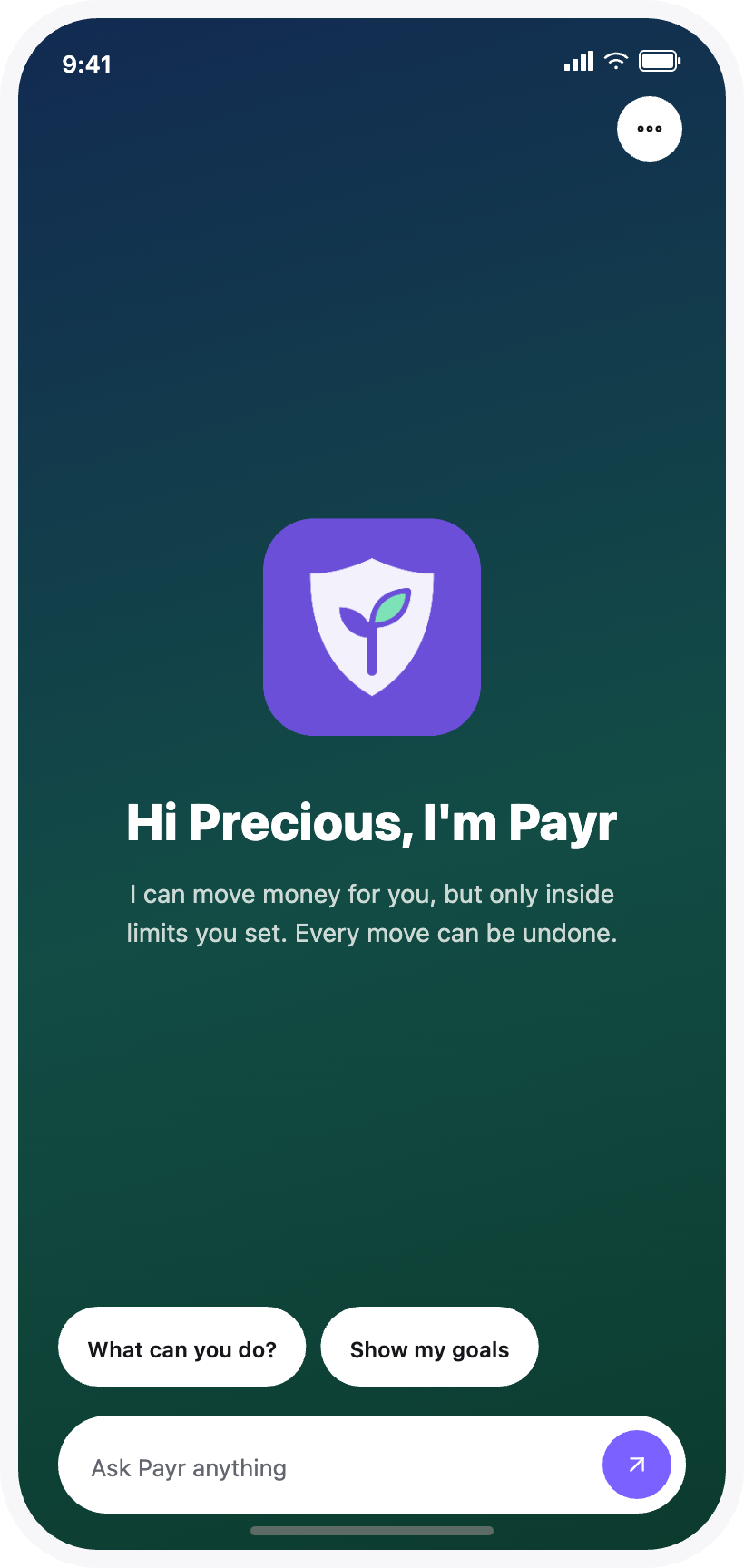 Payr app opening screen: 'Hi Precious, I'm Payr,' with a prompt to ask Payr anything