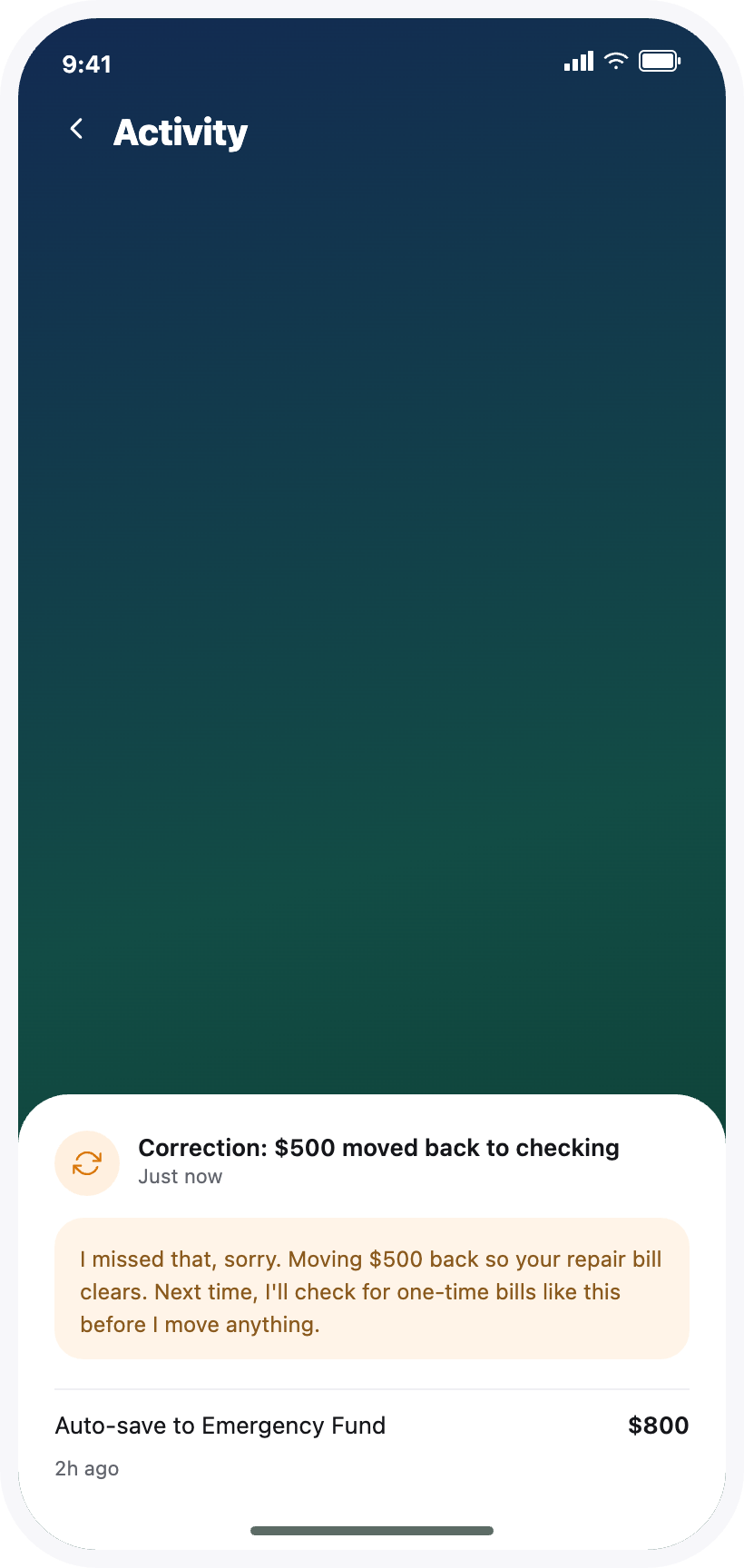 Payr app activity log showing a correction: $500 moved back to checking