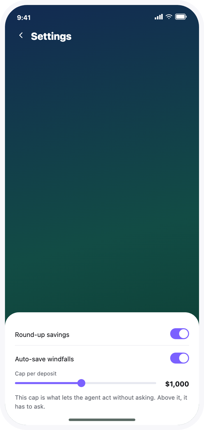 Payr app settings screen showing the auto-save windfalls cap slider set to $1,000
